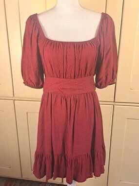 Altar'd State Puff Sleeve Crimson Red Open Tie Back Flowy Mini Dress Sz L